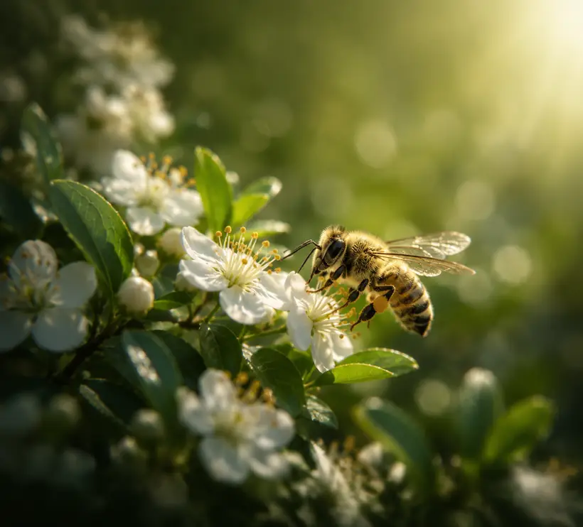 A honey bee pollinating white spring blossom in warm sunlight